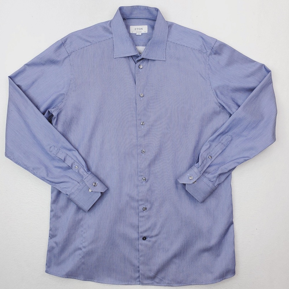 Eton Dress Shirt Mens XL 17.5 44 Blue Striped Contemporary Long Sleeve Cotton